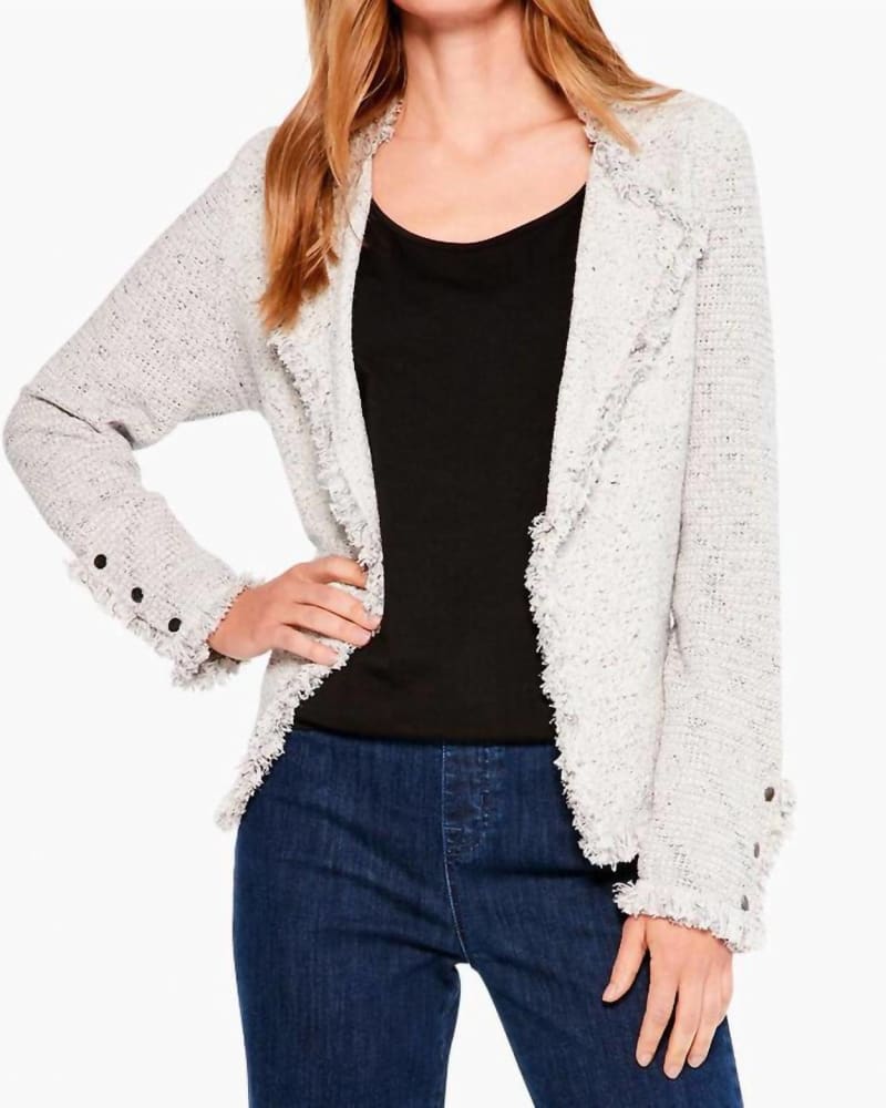Front of a model wearing a size XL Fringe Jacket in Sugar Cookie in Sugar Cookie by Nic + Zoe. | dia_product_style_image_id:363326